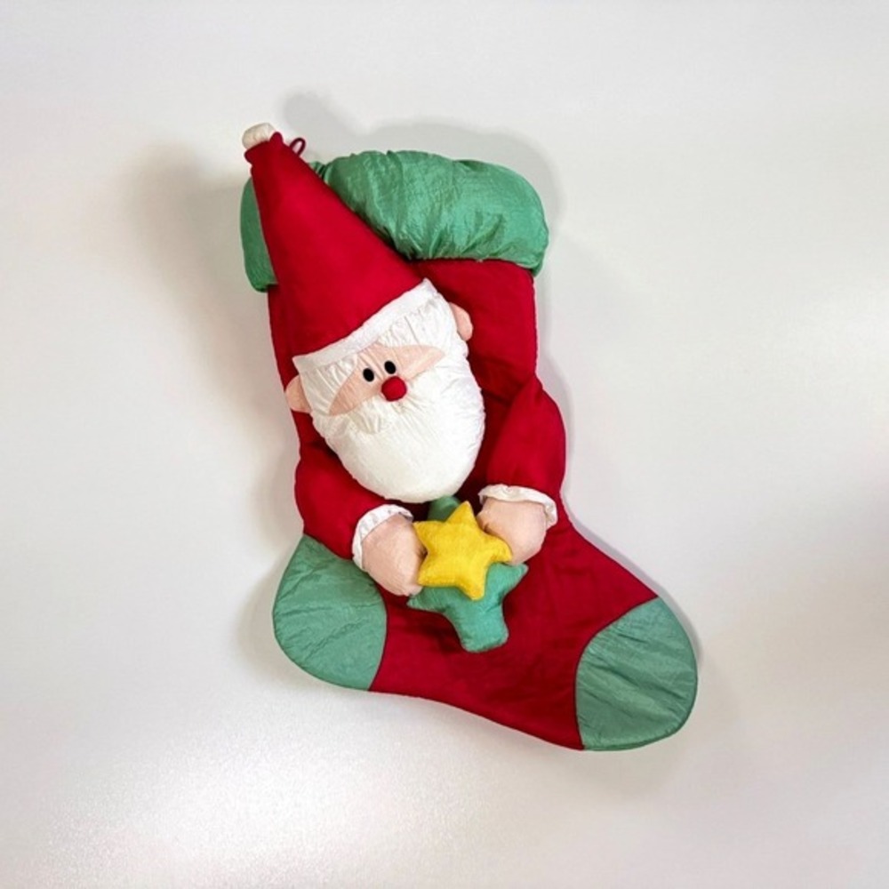 Vintage 1990s 3D Kids Puffy Puffalump Stuffed Nylon Santa Christmas Stocking 15"